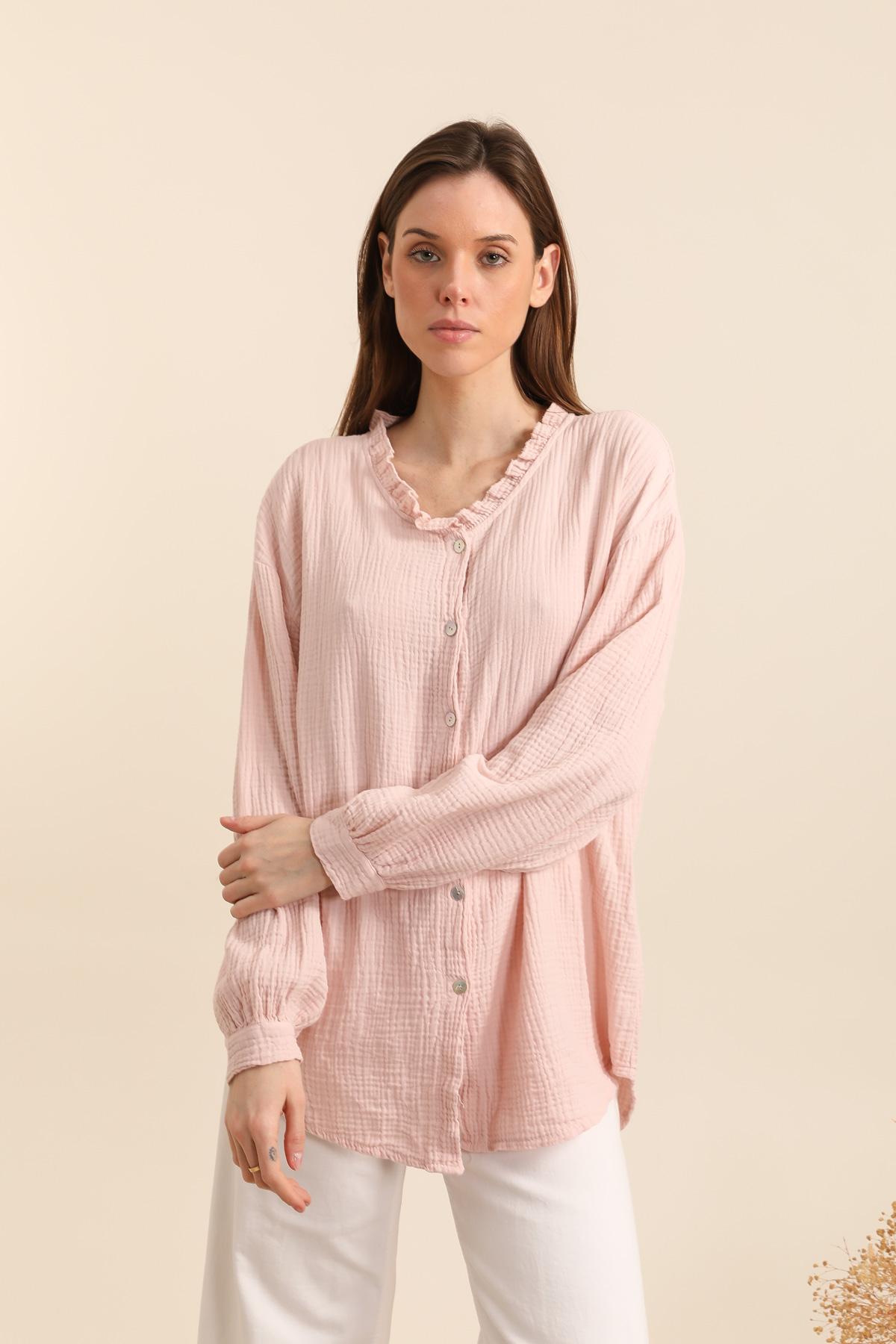 CHEMISE-GAZE-VOLANTS-ROSE PÂLE