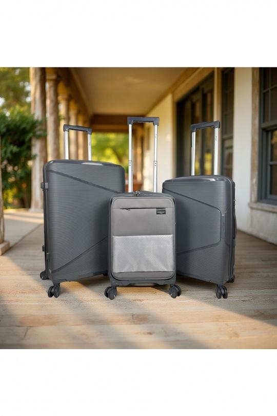 Luggages Bags Dark grey Helios Bagages AESIR, COLLECTION DE 3 VALISES EN POLYPROPYLÈNE ET CABINE POCHE ORDINATEUR BI-MATIÈRE. (HLS-218) GRIS FONCÉ Efashion Paris