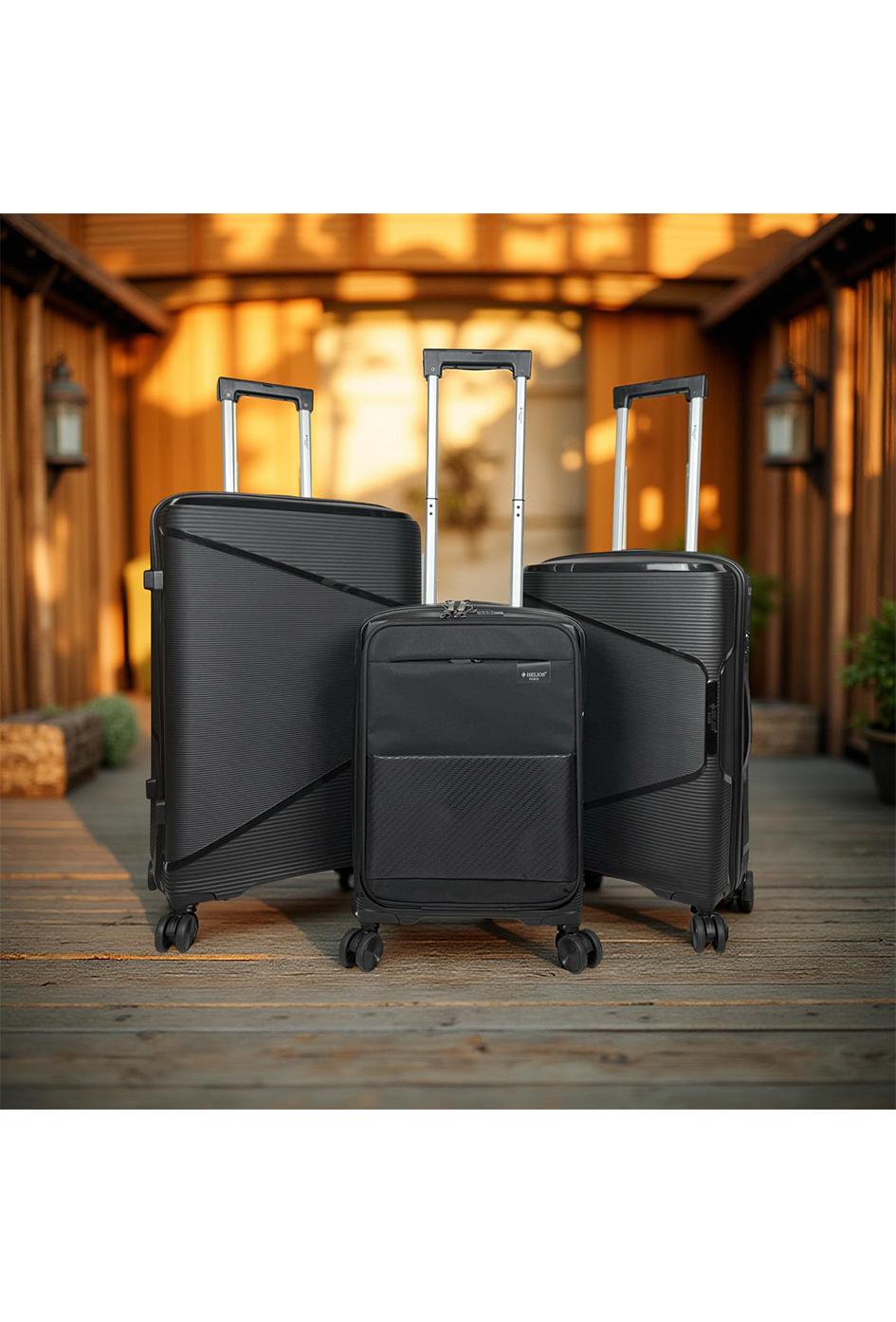Luggages Bags Black Helios Bagages AESIR, COLLECTION DE 3 VALISES EN POLYPROPYLÈNE ET CABINE POCHE ORDINATEUR BI-MATIÈRE. (HLS-218) NOIR #c Efashion Paris