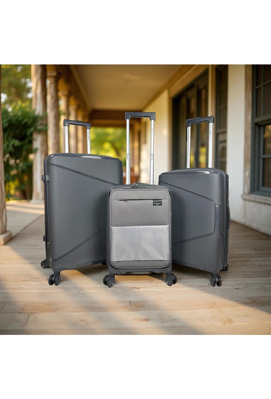 Luggages Bags Dark grey Helios Bagages AESIR, COLLECTION DE 3 VALISES EN POLYPROPYLÈNE ET CABINE POCHE ORDINATEUR BI-MATIÈRE. (HLS-218) GRIS FONCÉ #c Efashion Paris