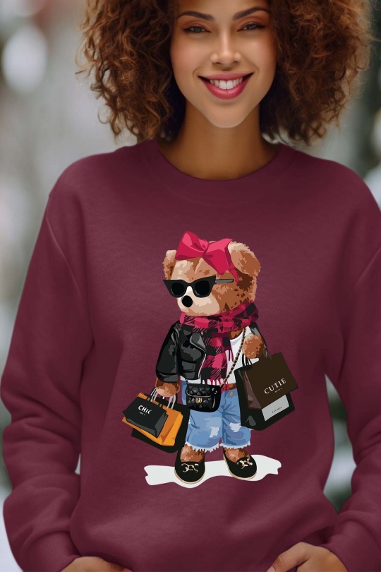 Sweats Femme Bordeaux Impression A La Demande I.A.L.D BEAR ADDICT - SWEAT COL ROND FEMME Efashion Paris