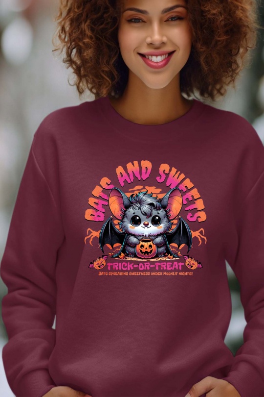Sweats Femme Bordeaux Impression A La Demande I.A.L.D BATS AND SWEETS TRICK OR TREAT SPOOKY HALLOWEEN - SWEAT COL ROND FEMME Efashion Paris