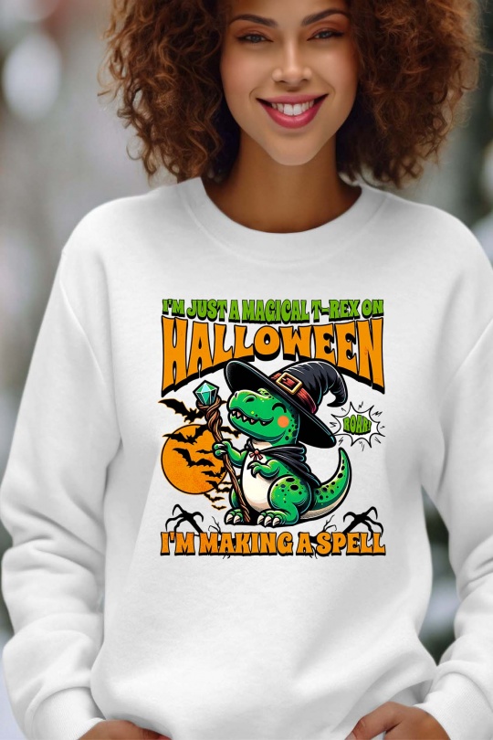 Sweats Femme Blanc Impression A La Demande I.A.L.D HALLOWEEN T-REX DINOSAUR WIZARD FESTIVE DINO - SWEAT COL ROND FEMME Efashion Paris