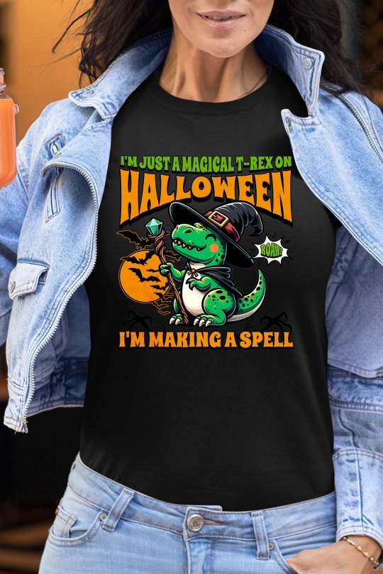 T-shirts Femme Noir Impression A La Demande I.A.L.D HALLOWEEN T-REX DINOSAUR WIZARD FESTIVE DINO - TSHIRT FEMME Efashion Paris