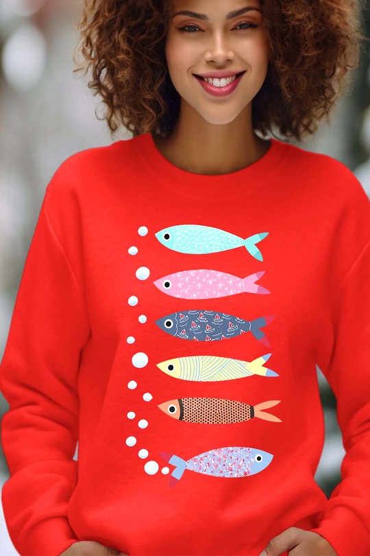 Sweats Femme Rouge Impression A La Demande I.A.L.D Multi Poisson - Sweat Col Rond Femme Efashion Paris