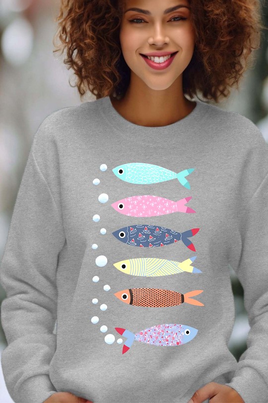 Sweats Femme Rouge Impression A La Demande I.A.L.D Multi Poisson - Sweat Col Rond Femme Efashion Paris