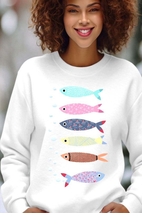 Sweats Femme Rouge Impression A La Demande I.A.L.D Multi Poisson - Sweat Col Rond Femme Efashion Paris