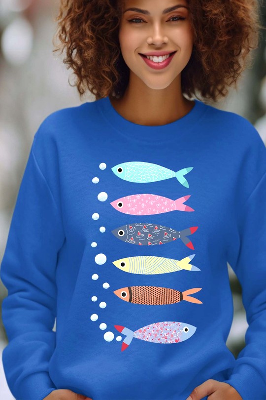 Sweats Femme Rouge Impression A La Demande I.A.L.D Multi Poisson - Sweat Col Rond Femme Efashion Paris