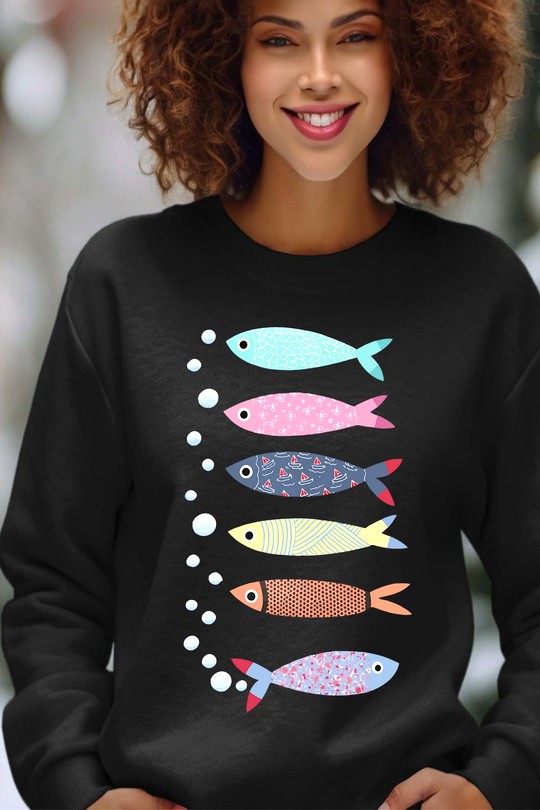 Sweats Femme Rouge Impression A La Demande I.A.L.D Multi Poisson - Sweat Col Rond Femme Efashion Paris