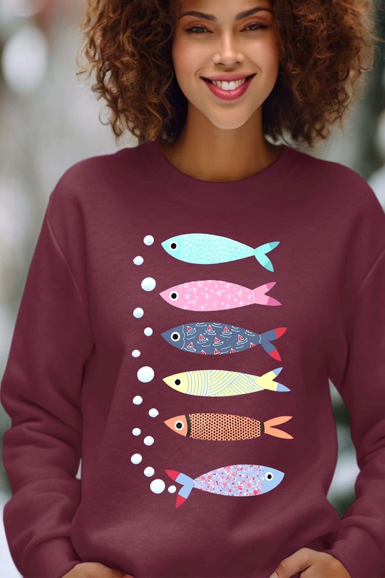 Sweats Femme Rouge Impression A La Demande I.A.L.D Multi Poisson - Sweat Col Rond Femme Efashion Paris