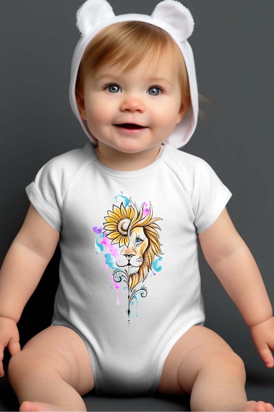 Ensembles & Bodies Enfant & Bébé  Blanc Impression A La Demande I.A.L.D TOURNESOL LION - BODY BÉBÉ #c Efashion Paris