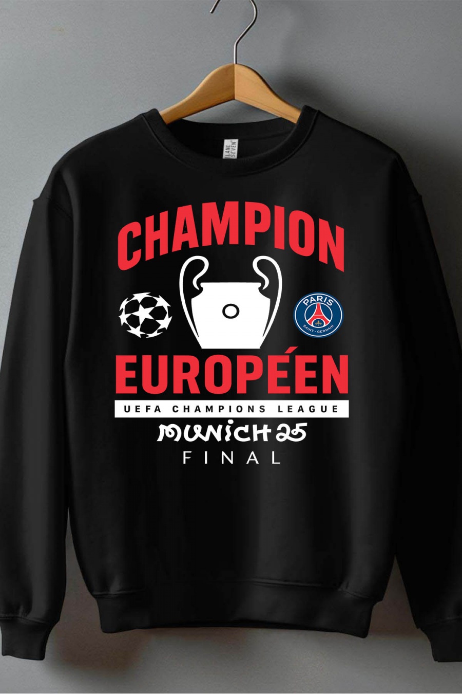 Jumpers Men Black Impression A La Demande I.A.L.D CHAMPION EUROPEEN PSG - SWEAT COL ROND HOMME #c Efashion Paris