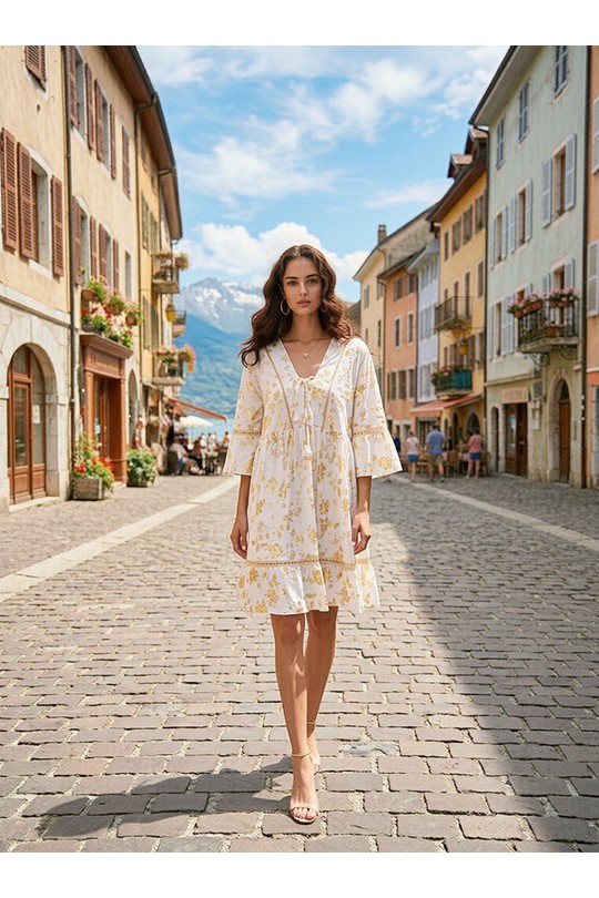 Robes mi-longues Femme Beige/Blanc INVISIBLE R157 BLG Efashion Paris