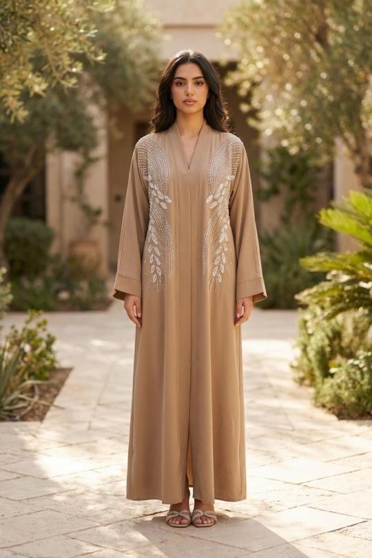 Abaya Femme Taupe White Icy  ELARA ABAYA H566 Efashion Paris