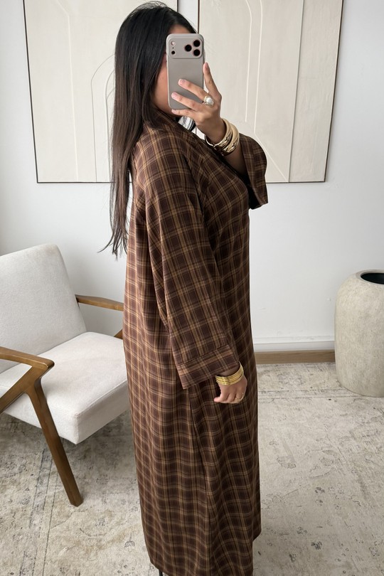 Abaya Femme Marron foncé White Icy  X430 ROBE À CARREAUX SALMA Efashion Paris