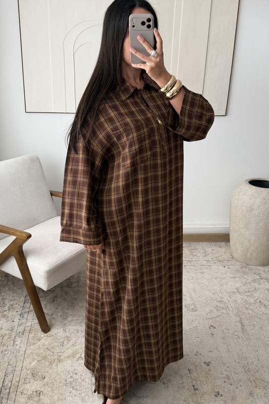 Abaya Femme Marron foncé White Icy  X431 ROBE ZIP À CARREAUX IKRAM Efashion Paris