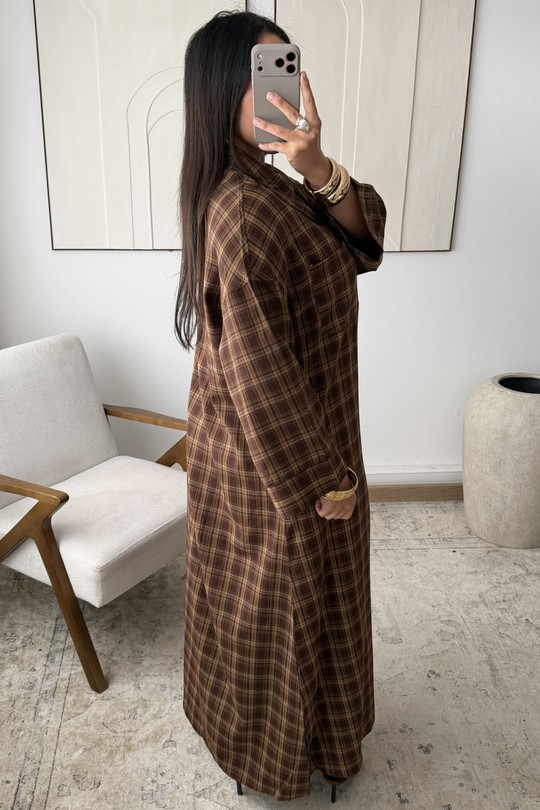 Abaya Femme Marron foncé White Icy  X431 ROBE ZIP À CARREAUX IKRAM Efashion Paris