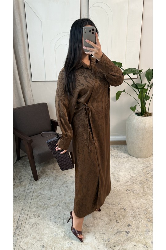 Abaya Femme Marron foncé White Icy  X441 ROBE À LIEN SUR LE CÔTÉ LIYARA Efashion Paris