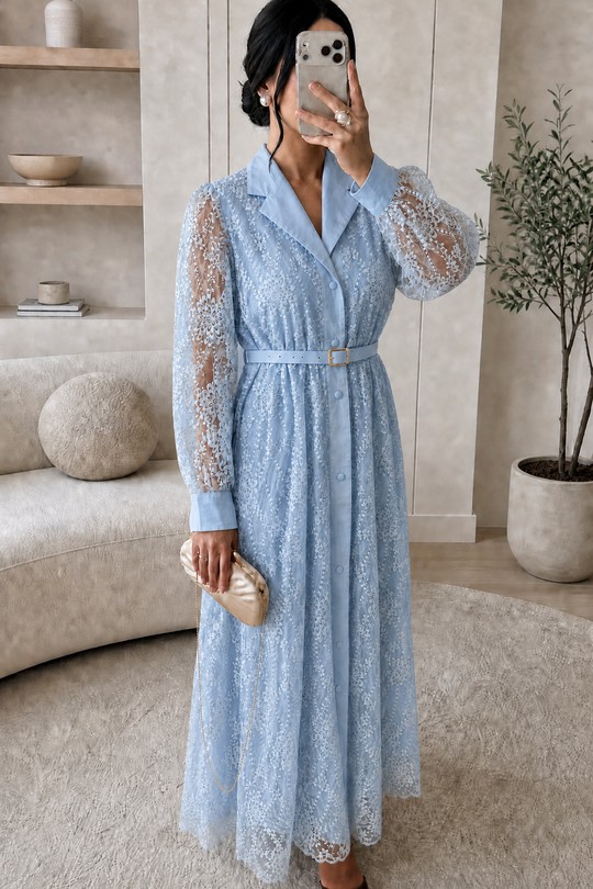 Robes longues Femme Bleu White Icy  FX606 Robe dentelle Nayla Efashion Paris