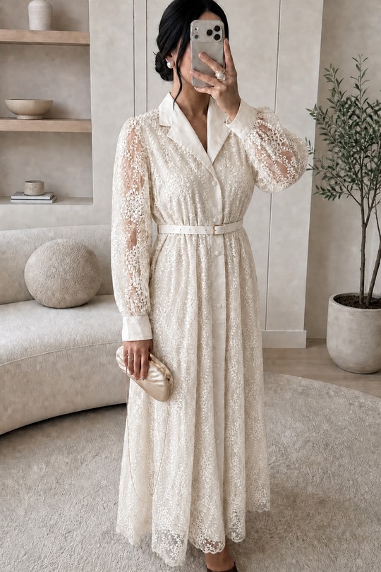 Robes longues Femme Bleu White Icy  FX606 Robe dentelle Nayla Efashion Paris