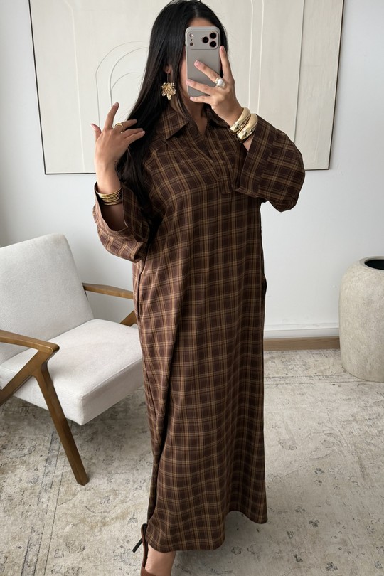 Abaya Femme Marron foncé White Icy  X430 ROBE À CARREAUX SALMA #c Efashion Paris