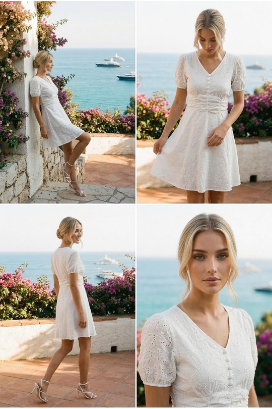 Abiti corti Donna White Lily Mcbee Robe Courte Broderie Anglaise Blanche Manches Ballon 9005 Efashion Paris