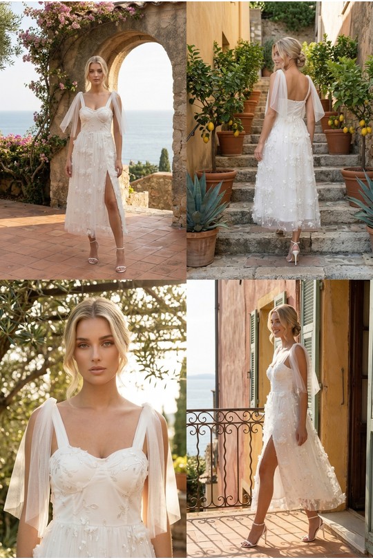 Robes mi-longues Femme Bleu Lily Mcbee Robe Midi Bleu Ciel Fendue Fleurs 3D Tulle et Nœuds Épaules 6576 Efashion Paris