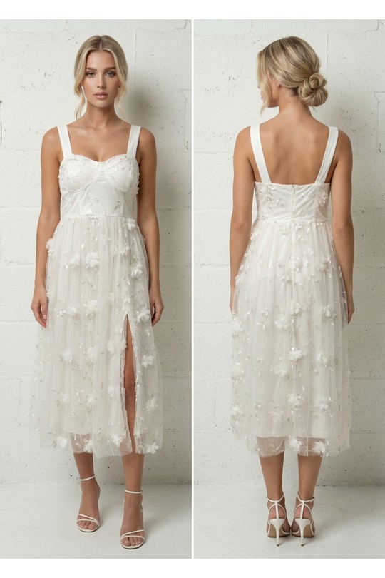 Robes mi-longues Femme Bleu Lily Mcbee Robe Midi Bleu Ciel Fendue Fleurs 3D Tulle et Nœuds Épaules 6576 Efashion Paris