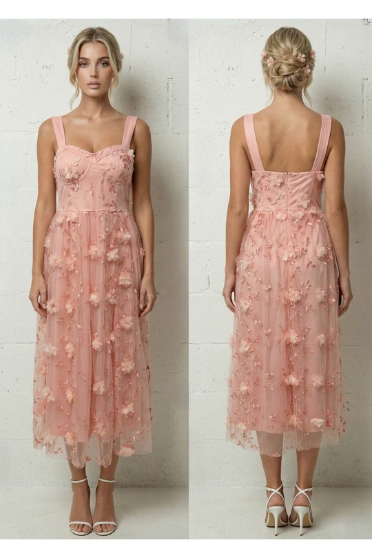 Robes mi-longues Femme Bleu Lily Mcbee Robe Midi Bleu Ciel Fendue Fleurs 3D Tulle et Nœuds Épaules 6576 Efashion Paris