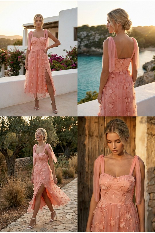 Robes mi-longues Femme Bleu Lily Mcbee Robe Midi Bleu Ciel Fendue Fleurs 3D Tulle et Nœuds Épaules 6576 Efashion Paris