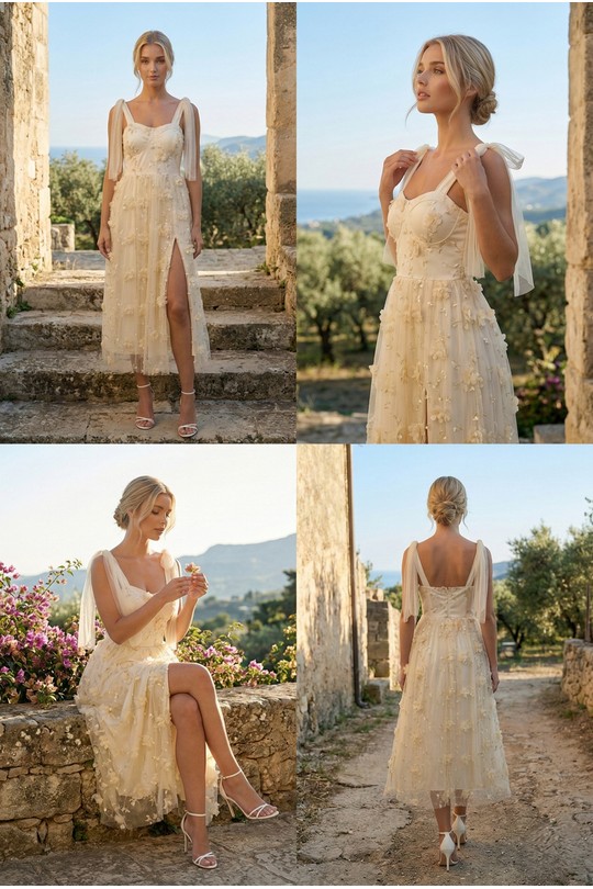 Robes mi-longues Femme Bleu Lily Mcbee Robe Midi Bleu Ciel Fendue Fleurs 3D Tulle et Nœuds Épaules 6576 Efashion Paris