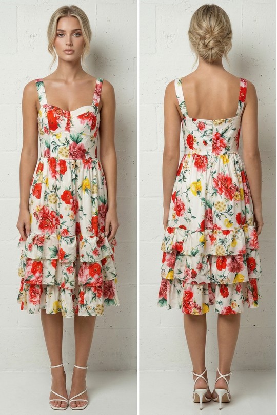 Robes mi-longues Femme Rouge Lily Mcbee Robe Midi Imprimé Floral Rouge et Jaune - Estivale et Pétillante 5393 Efashion Paris