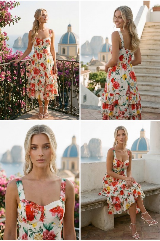 Robes mi-longues Femme Rouge Lily Mcbee Robe Midi Imprimé Floral Rouge et Jaune - Estivale et Pétillante 5393 Efashion Paris