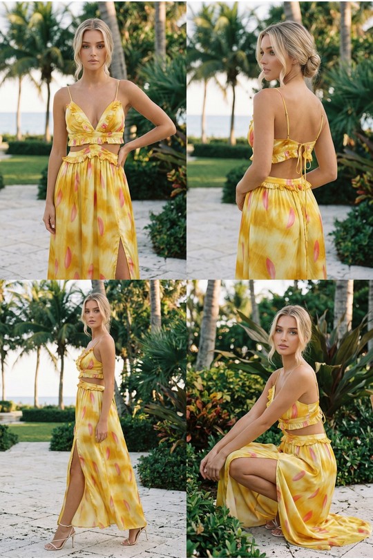 Robes mi-longues Femme Jaune Lily Mcbee Robe Longue Jaune Imprimé Floral Fendue Découpes et Volants 6365 Efashion Paris