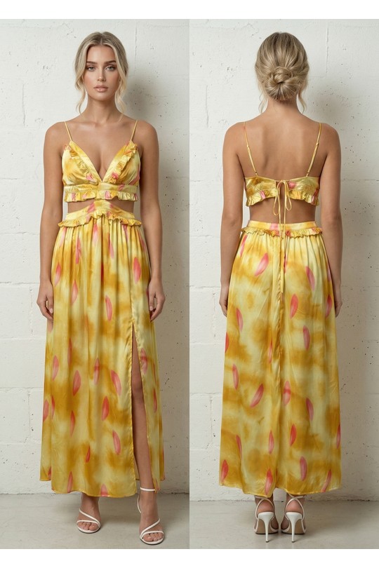 Robes mi-longues Femme Jaune Lily Mcbee Robe Longue Jaune Imprimé Floral Fendue Découpes et Volants 6365 Efashion Paris