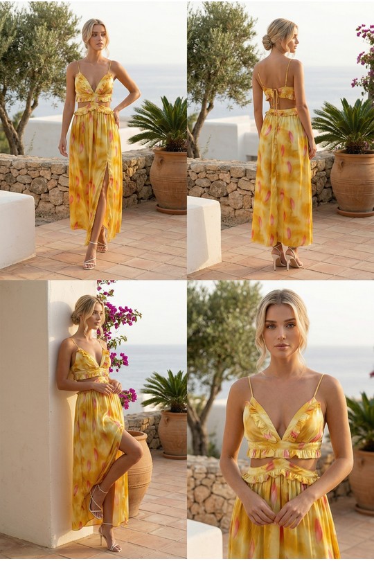 Robes mi-longues Femme Jaune Lily Mcbee Robe Longue Jaune Imprimé Floral Fendue Découpes et Volants 6365 Efashion Paris
