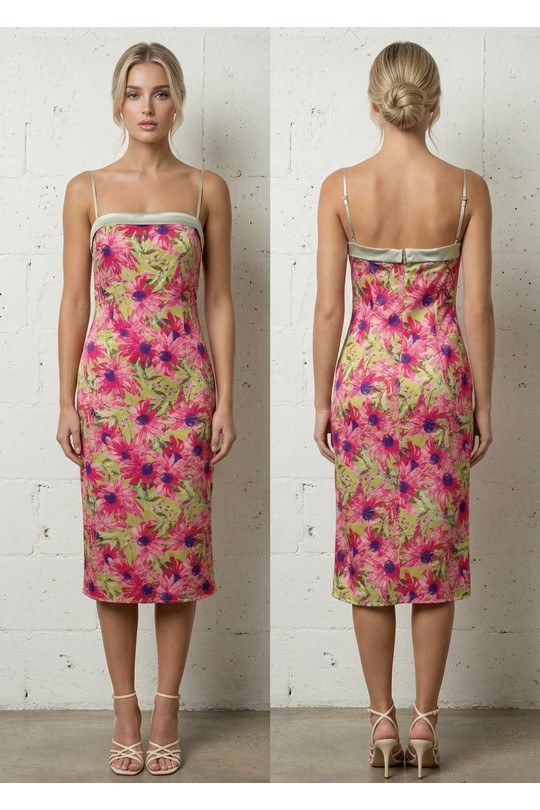 Robes mi-longues Femme Rose Lily Mcbee Robe Midi Moulante Vert Anis Imprimé Fleurs Roses Bretelles Satin 6562 Efashion Paris