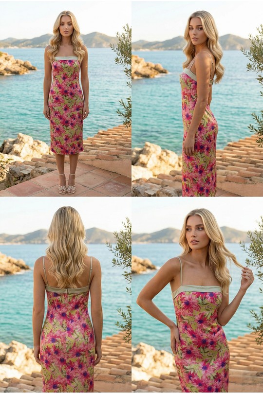 Robes mi-longues Femme Rose Lily Mcbee Robe Midi Moulante Vert Anis Imprimé Fleurs Roses Bretelles Satin 6562 Efashion Paris