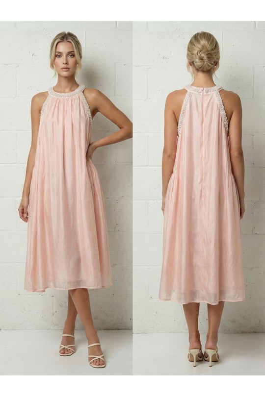 Robes mi-longues Femme Saumon Lily Mcbee Robe Midi Bohème Rose Pâle Fluide Encolure Ornée Perles 6577 Efashion Paris