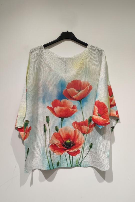 Pulls Femme Multicolore POMELO PARIS YESS PRINT PE25 FLEURS ROUGES BRILLANT Efashion Paris