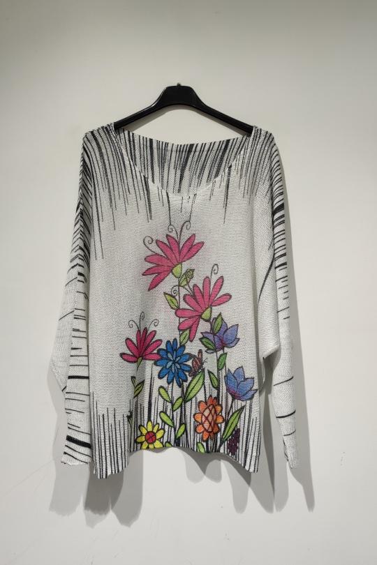 Pulls Femme Multicolore POMELO PARIS PESS PRINT PE25 FLEURS FUSHIA BRILLANT Efashion Paris