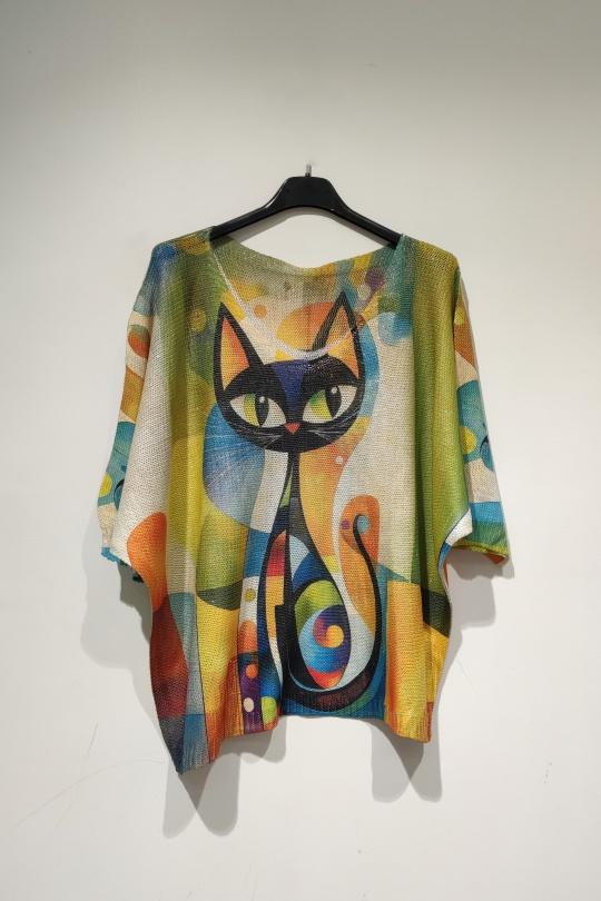 Pulls Femme Multicolore POMELO PARIS YESS PRINT PE25 BLACK CAT BRILLANT Efashion Paris