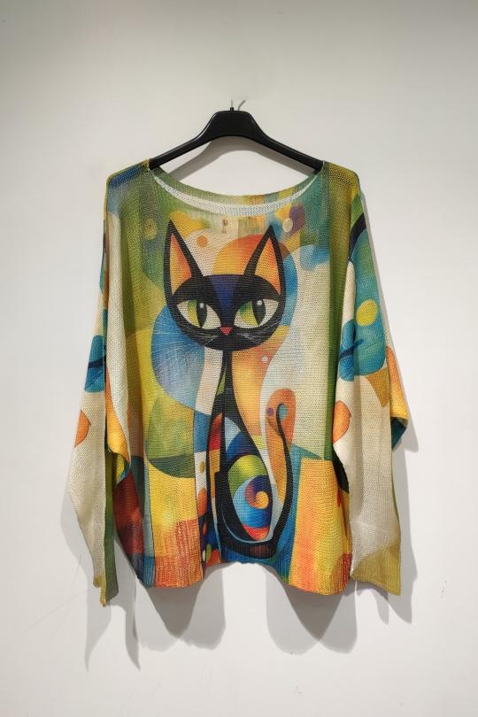 Pulls Femme Multicolore POMELO PARIS PESS PRINT PE25 BLACK CAT - COL BATEAU Efashion Paris