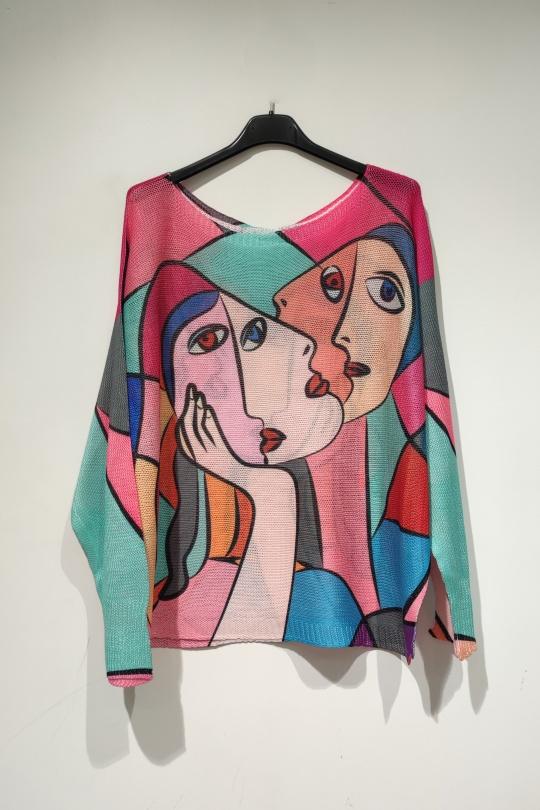 Pulls Femme Multicolore POMELO PARIS PESS PRINT PE25 PINK PICASSO - COL BATEAU Efashion Paris