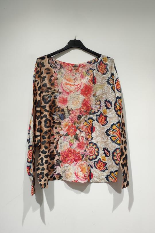 Pulls Femme Multicolore POMELO PARIS PESS PRINT PE25 FLEURS ROUGES BRILLANT Efashion Paris