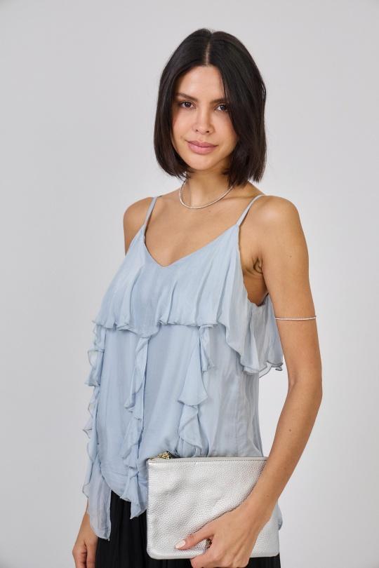 Débardeurs Femme Argent Max & Enjoy TOP DÉBARDEUR À VOLANT EN SOIE MÉLANGÉE EFFET VAPOREUX-32019 Efashion Paris