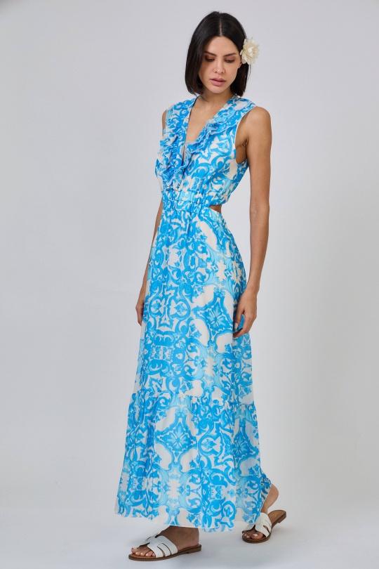Vestidos largos Mujer Sky blue Max & Enjoy ROBE LONGUE À MOTIF AZULEJOS EN SOIE MÉLANGÉE- 32208-1 Efashion Paris