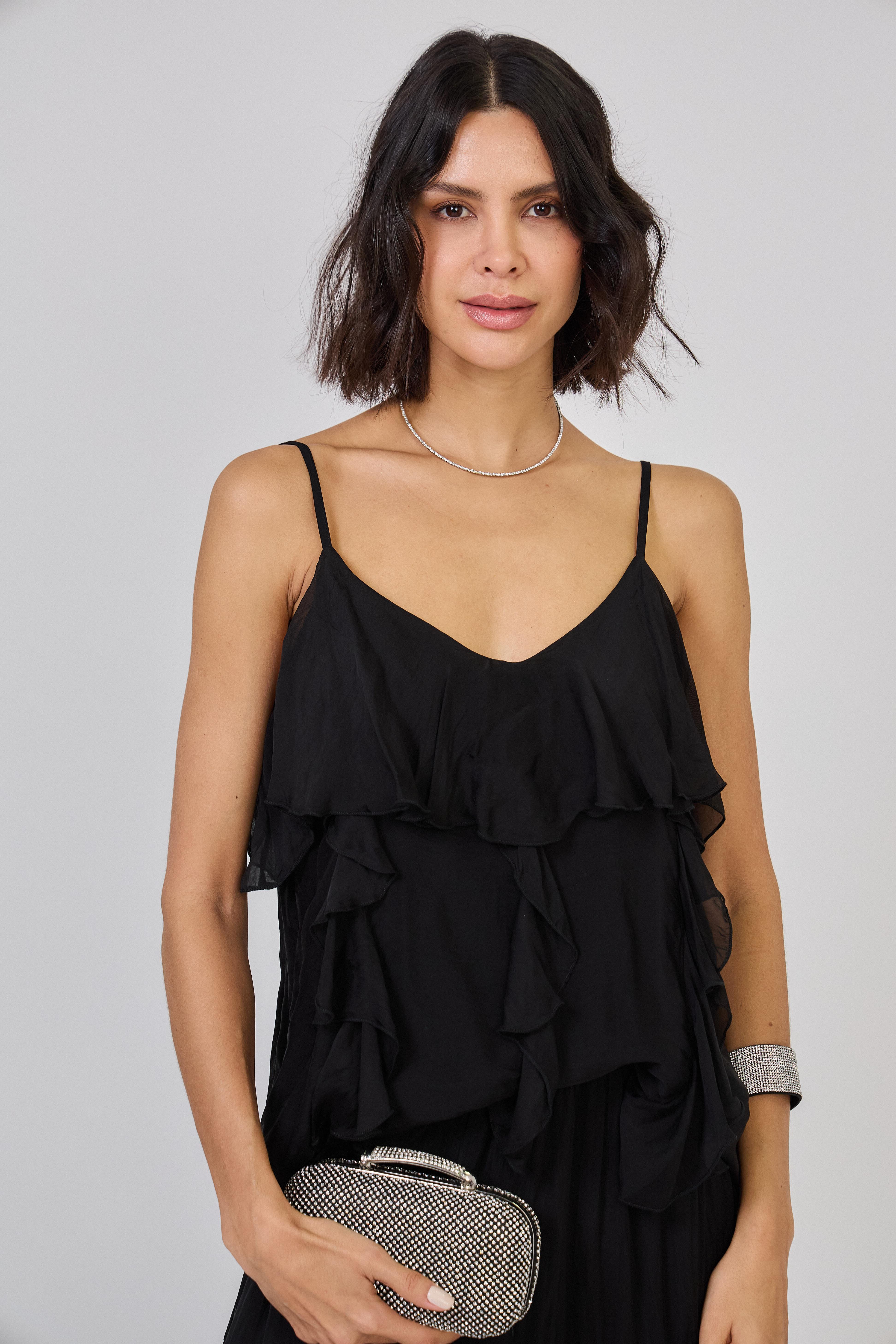 Débardeurs Femme Noir Max & Enjoy TOP DÉBARDEUR À VOLANT EN SOIE MÉLANGÉE EFFET VAPOREUX-32019 #c Efashion Paris