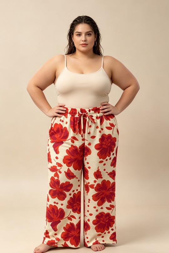 Pantalons Femme Rouge 2W Paris 2WP601-1 FLEUR-rouge Efashion Paris