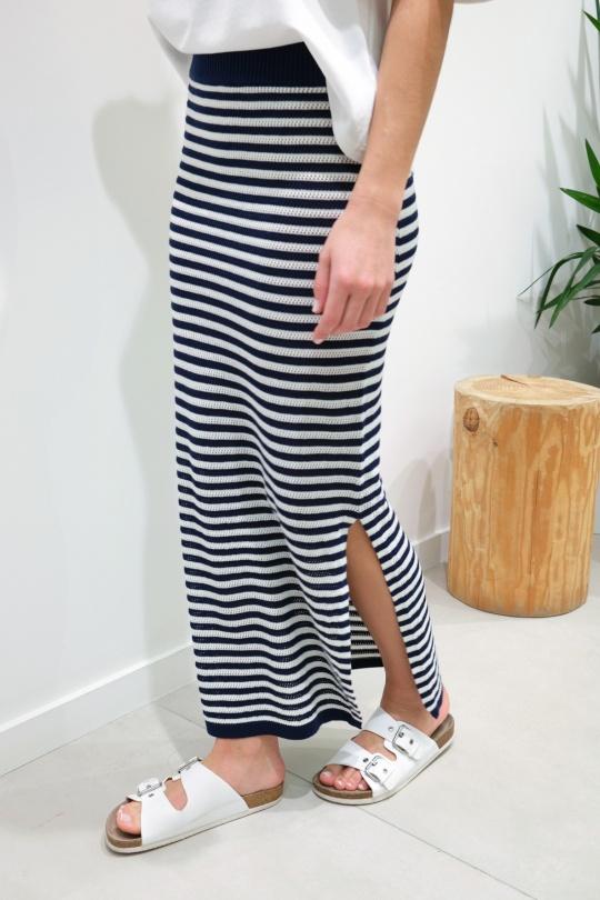 Jupe Maxi Longue Femme Max Studio – Rayures Bleu Marine Et Blanc – Taille M